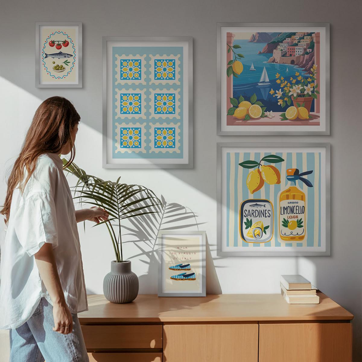 BILDER SET 5er Set - 50x50 cm & 20x30 cm & 40x60 cm Silberner Rahmen - Illustrationen der mediterranen Küche - Silberfarben, Kunststoff (40/60cm) - TULUP