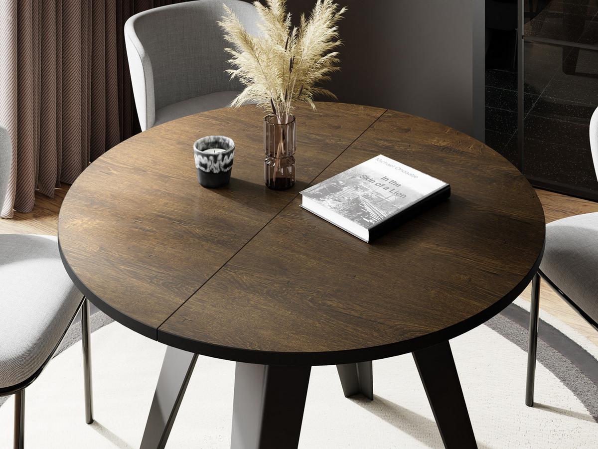 ESSTISCH Glory runder ausziehbarer, Lefkas Eiche 100-140/100/76 cm - Alteiche/Schwarz, Holzwerkstoff/Metall (100/140/76cm) - WFL GROUP