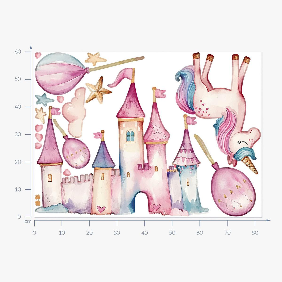 WANDAUFKLEBER 60x82cm - Einhornschloss - Multicolor, Kunststoff (60/82/0.1cm) - Wallfluent
