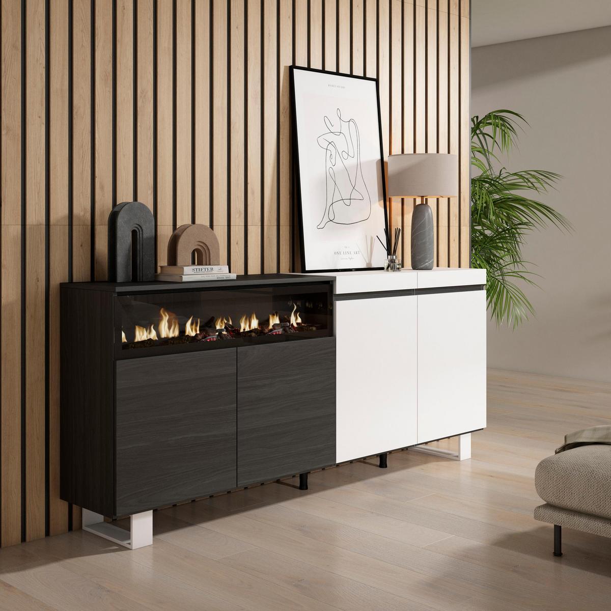SIDEBOARD Elektrokamin, weiß und schwarz, 200/35/87cm - Multicolor/Schwarz, Holzwerkstoff (200/87/35cm) - Skraut Home
