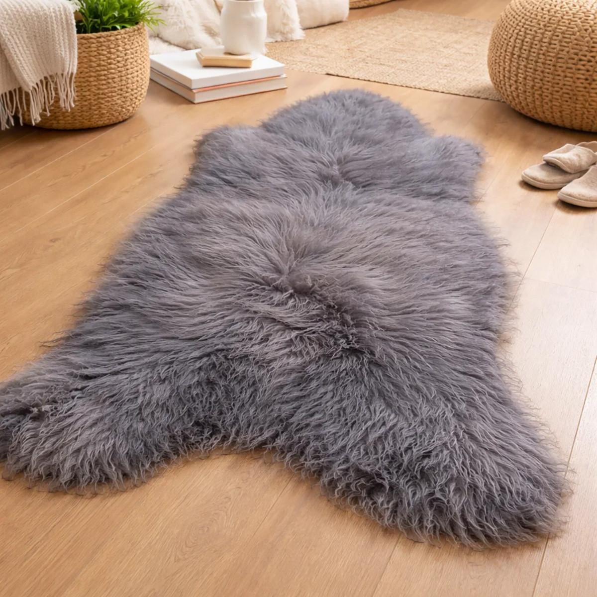 LAMMFELL Öko Schaffell grau langhaar 2. Wahl Teppich ca. 105 cm - Dunkelgrau/Grau, Fell (60/105cm) - Provellus