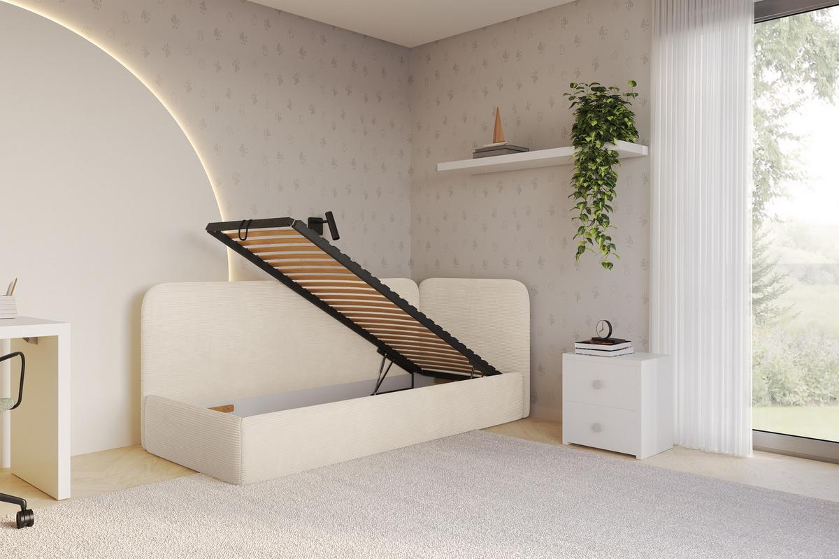 EINZELLBETT Jugendbett mit Bettkasten und Matratze H3/H4, Links - ELSY 80x200 Beige - Creme, Holzwerkstoff/Textil (80/200cm) - ALTDECOR