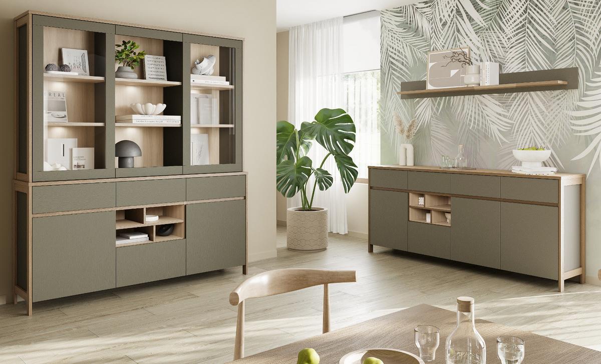 BUFFET Salbei grün, Eiche, Vitrinenschrank skandinavisch 164 x 195 cm, Soft-Close - Salbeigrün/Eichefarben, Glas/Holzwerkstoff (164/195/39cm) - Furn.Design
