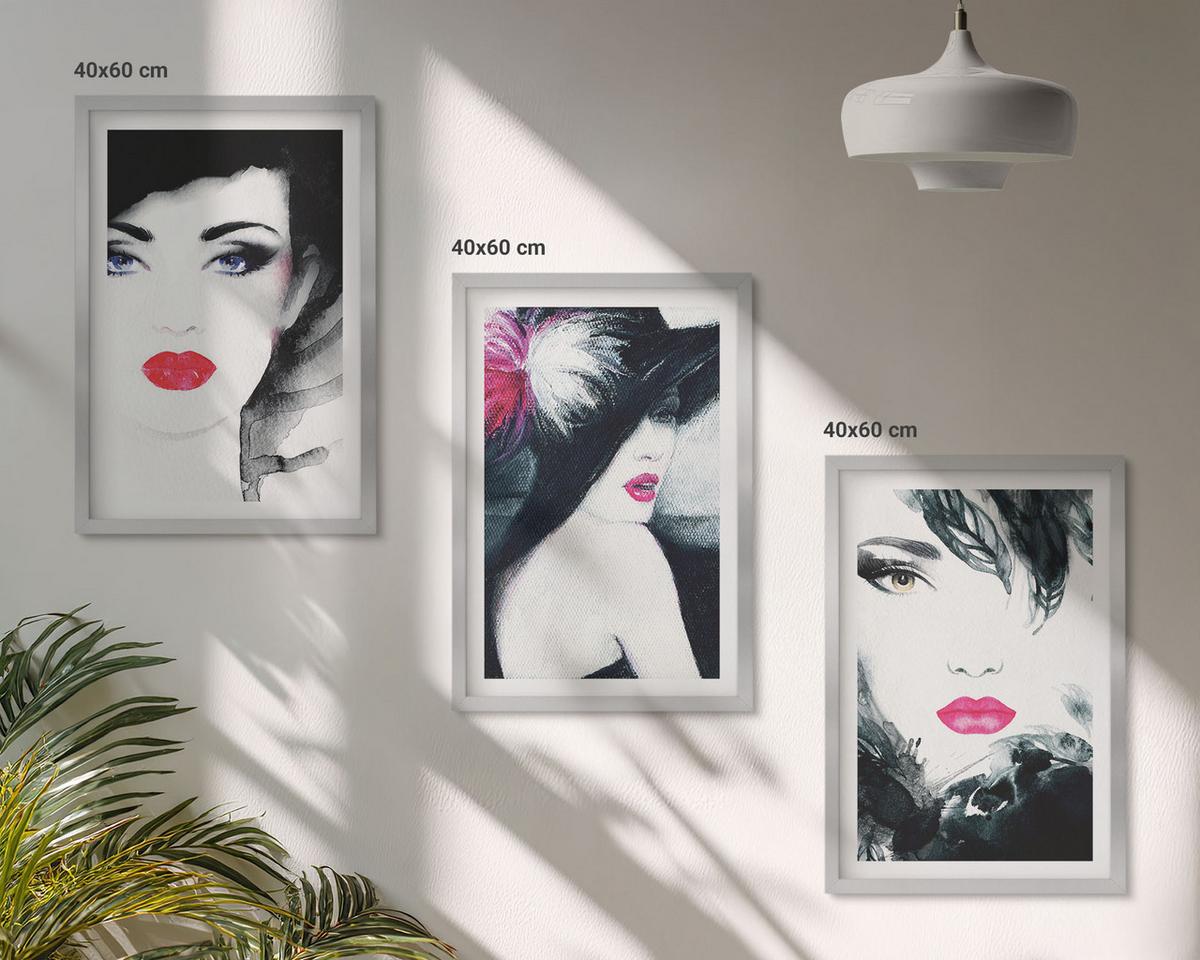 BILDER SET 3er Set - 40x60 cm Silberner Rahmen - Porträts von Frauen mit Lippen - Silberfarben, Kunststoff (40/60cm) - TULUP