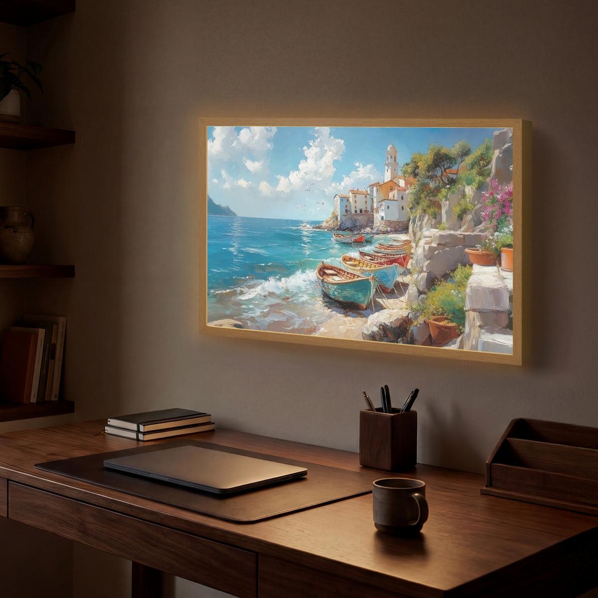 WANDLEUCHTE MIT AKKU Boote - Felsen - Meer - Sonne 60x40 cm - Blau, Holzwerkstoff (60/40/8cm) - OnlyWow