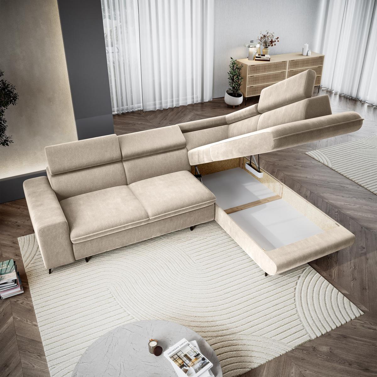ECKSOFA VELISS Creme Veloursstoff mit Schlaffunktion - Creme, Holz (255/193cm) - MASSENO