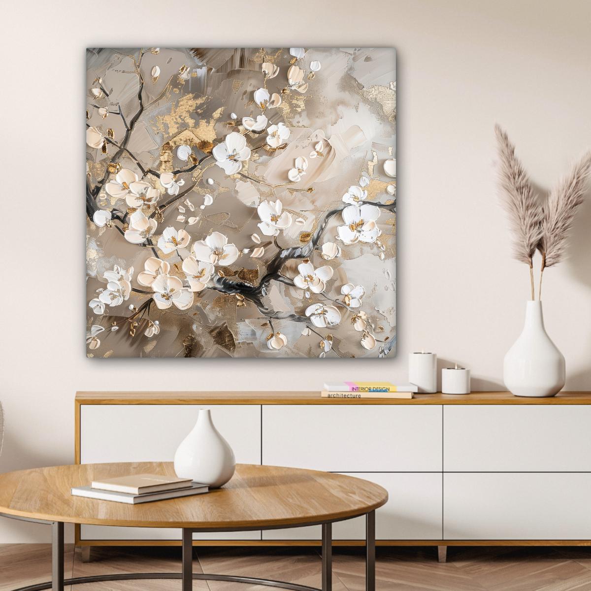 LEINWANDBILD Blumen - Weiß - Gold - Beige - Luxus Deko Groß 90x90 cm - Greige, Textil (90/90cm) - MuchoWow