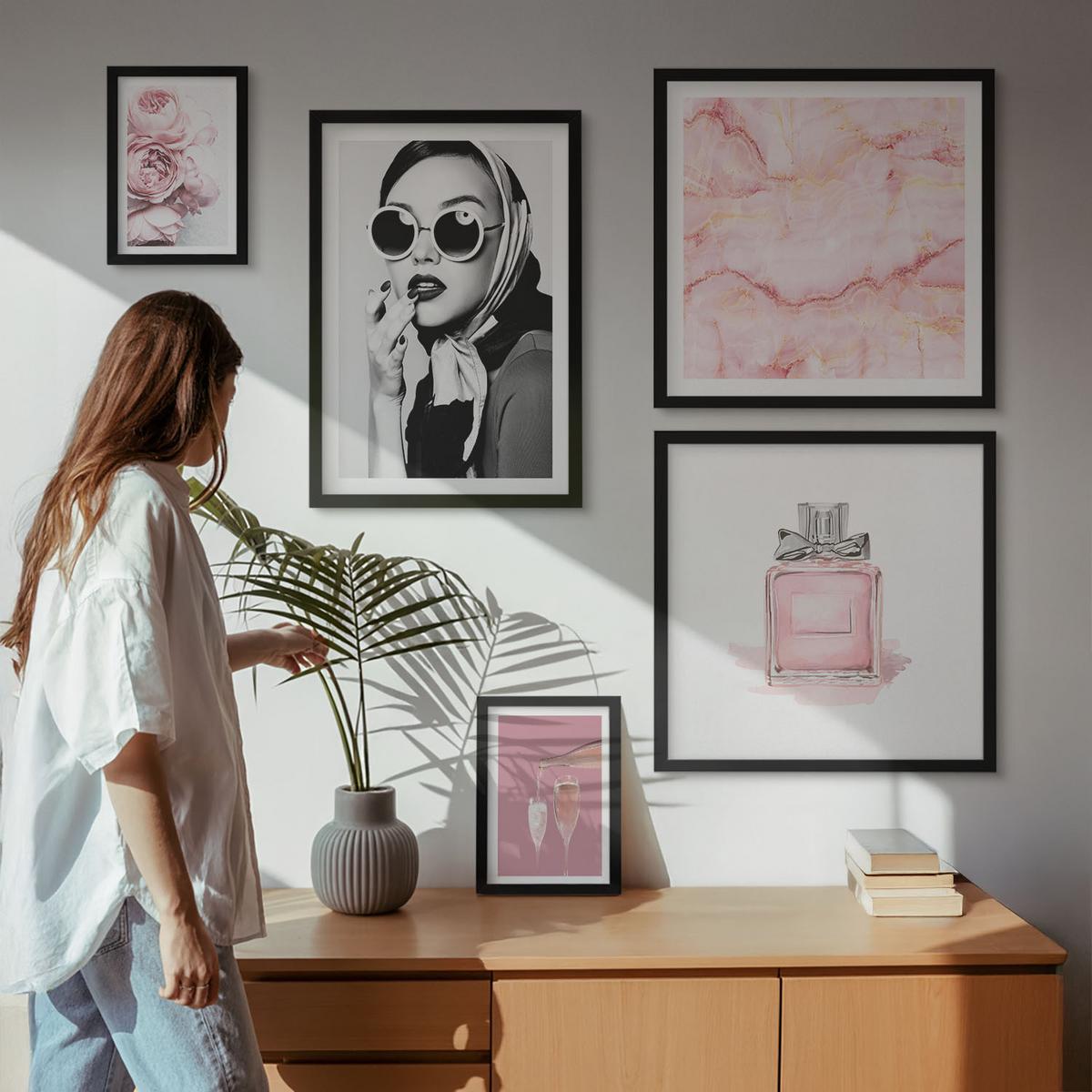 BILDER SET 5er Set - 50x50 cm & 20x30 cm & 40x60 cm Schwarzer Rahmen - Stilvolle pinkfarbene Accessoires - Schwarz, Kunststoff (40/60cm) - TULUP