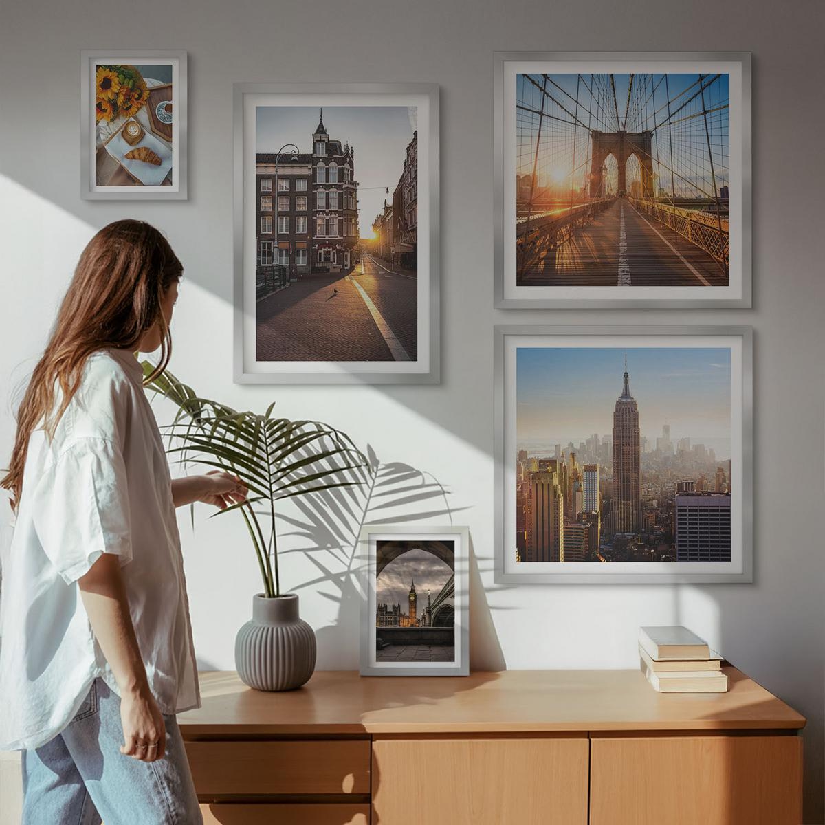 BILDER SET 5er Set - 50x50 cm & 20x30 cm & 40x60 cm Silberner Rahmen - Venezianische Straßen Wasserarchitektur - Silberfarben, Kunststoff (40/60cm) - TULUP