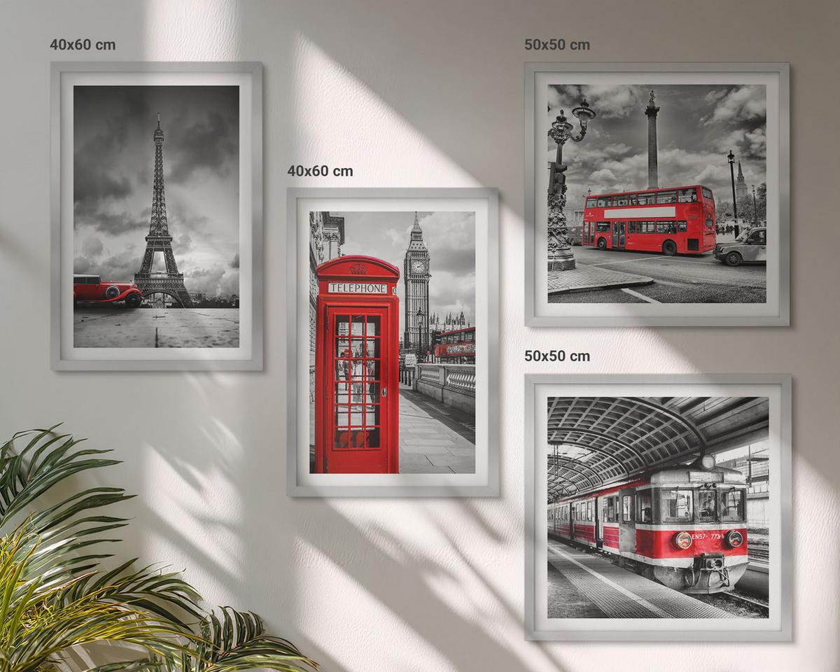 BILDER SET 4er Set - 50x50 cm & 40x60 cm Silberner Rahmen - Ikonische Städte London Paris Eisenbahn - Silberfarben, Kunststoff (50/50cm) - TULUP