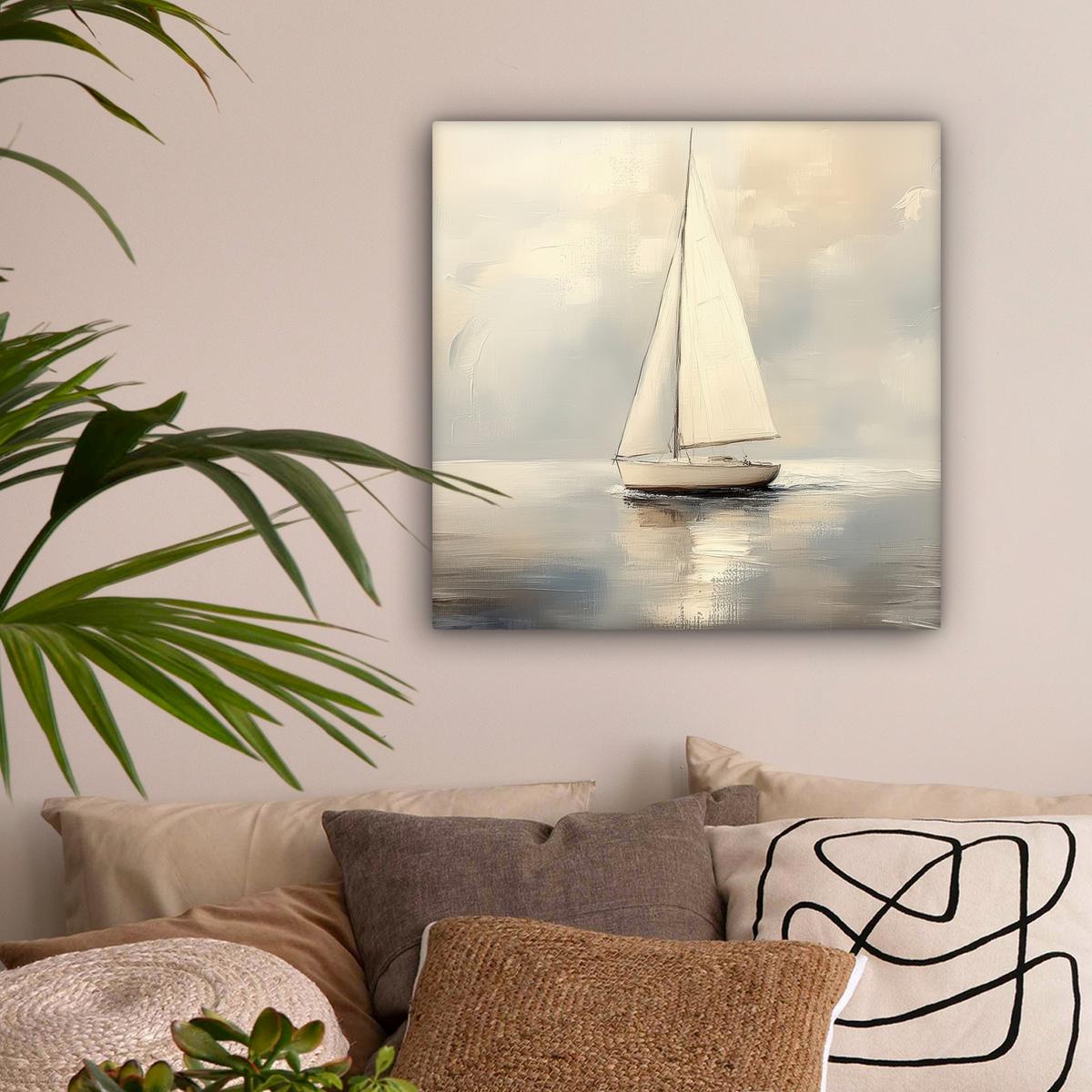 LEINWANDBILD Segelschiff - Meer - Bewölkt Wandbild Wohnzimmer 50x50 cm - Creme, Textil (50/50cm) - MuchoWow