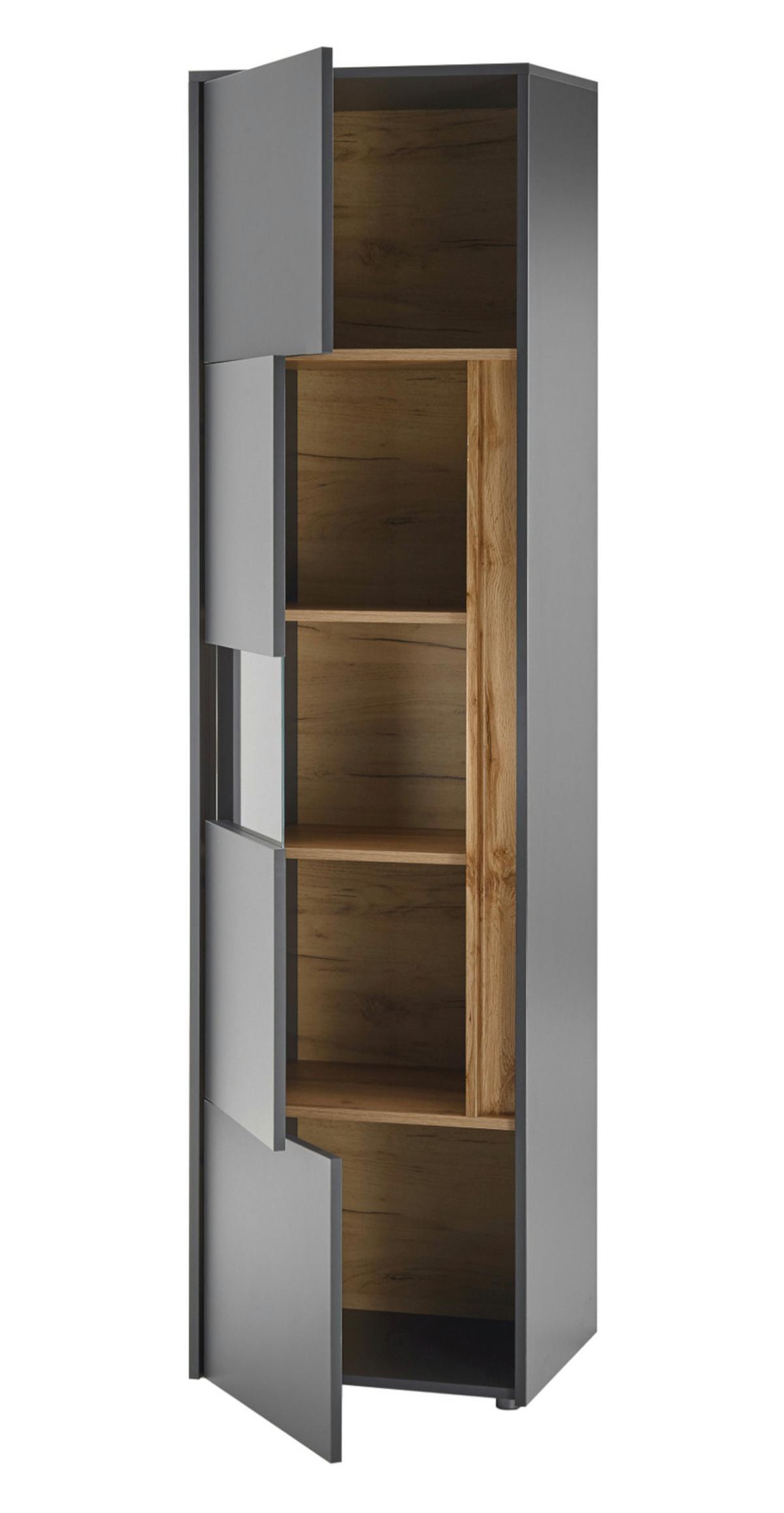 VITRINE grau matt, Eiche Wotan 50 x 197 cm, Vitrinenschrank 5 Fächer - Eiche Wotan/Schwarz, Glas/Holz (50/197/40cm) - Furn.Design