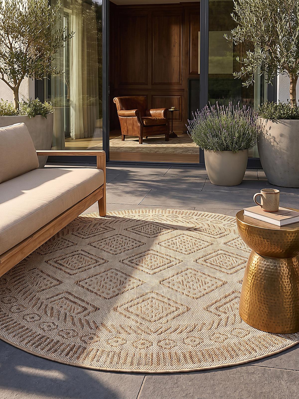 TEPPICH Flachgewebe, Outdoor, Fußbodenheizung-geeignet, mit Rautenmuster, VIGOLENO in Beige-Braun, Ø 160 cm - Beige, Textil (160/160cm) - KADIMA DESIGN