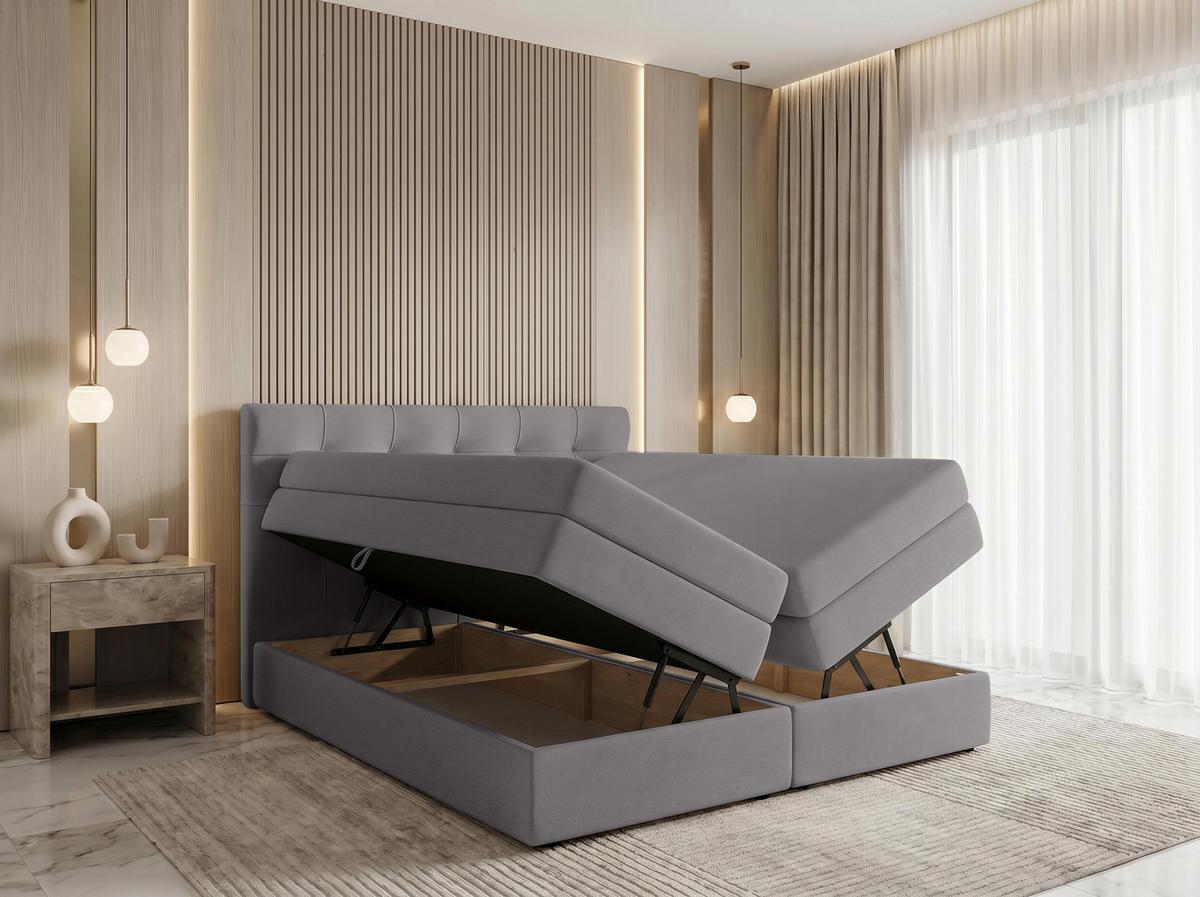 BOXSPRINGBETT FINIKE 140x200 cm mit Bettkasten und 2 Matratzen - Hellgrau + TOPPER - Hellgrau/Schwarz, Holz/Holzwerkstoff (140/200cm) - AX Living