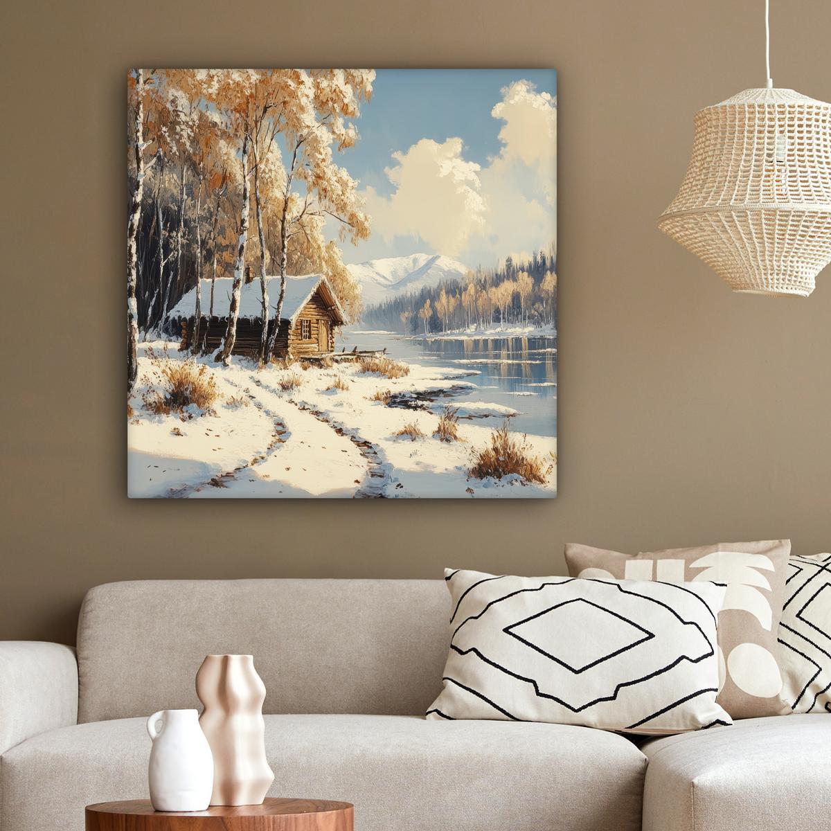 LEINWANDBILD Winter - Schnee - Zuhause - Natur Deko Groß 90x90 cm - Hellbraun, Textil (90/90cm) - MuchoWow
