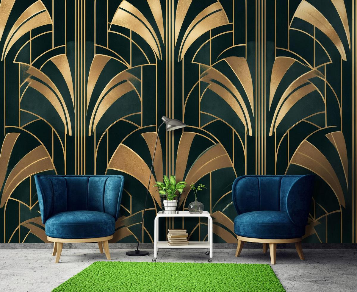FOTOTAPETE Art Deco Gold Grün 300x210 cm - Multicolor, Papier (300/210cm) - Wallarena