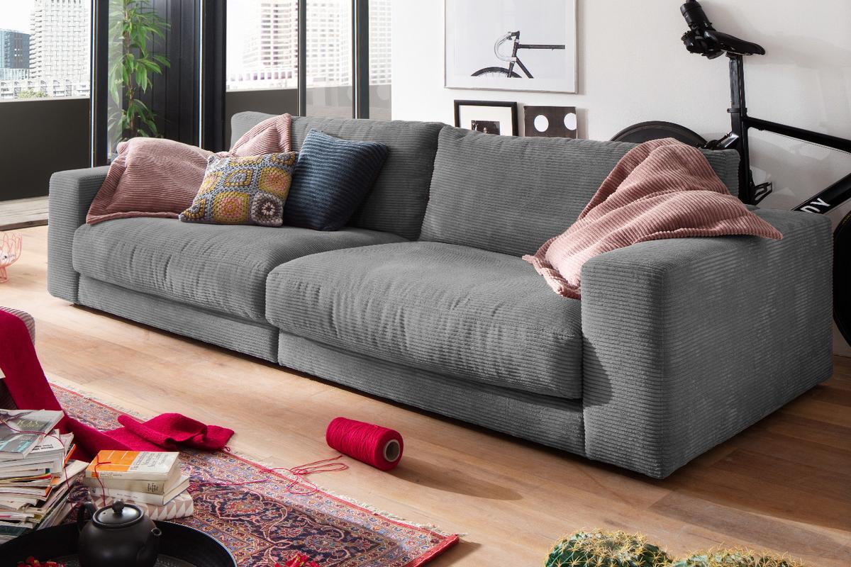 SOFA 3-SITZER MADELINE Grau Cord - Schwarz/Grau, Textil (290/85/127cm) - KAWOLA