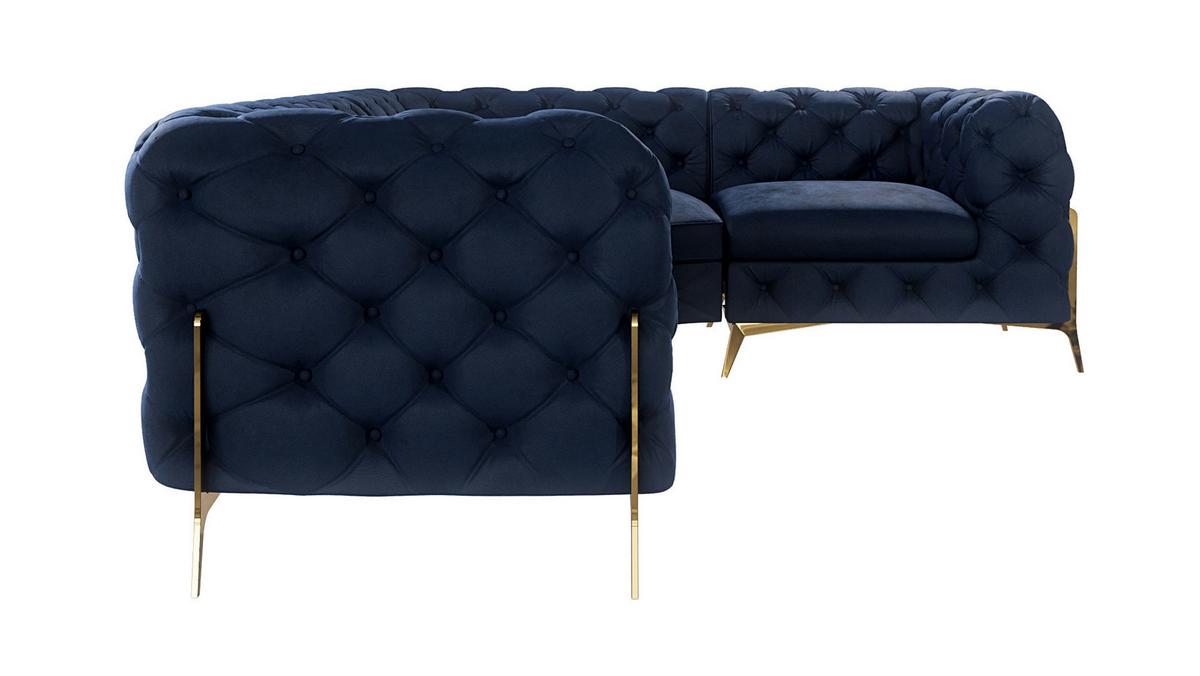 ECKSOFA Chesterfield Lexi Marineblau Samt, Ottomane rechts - Goldfarben/Dunkelblau, Holz/Textil (264/204cm) - S-Style Möbel