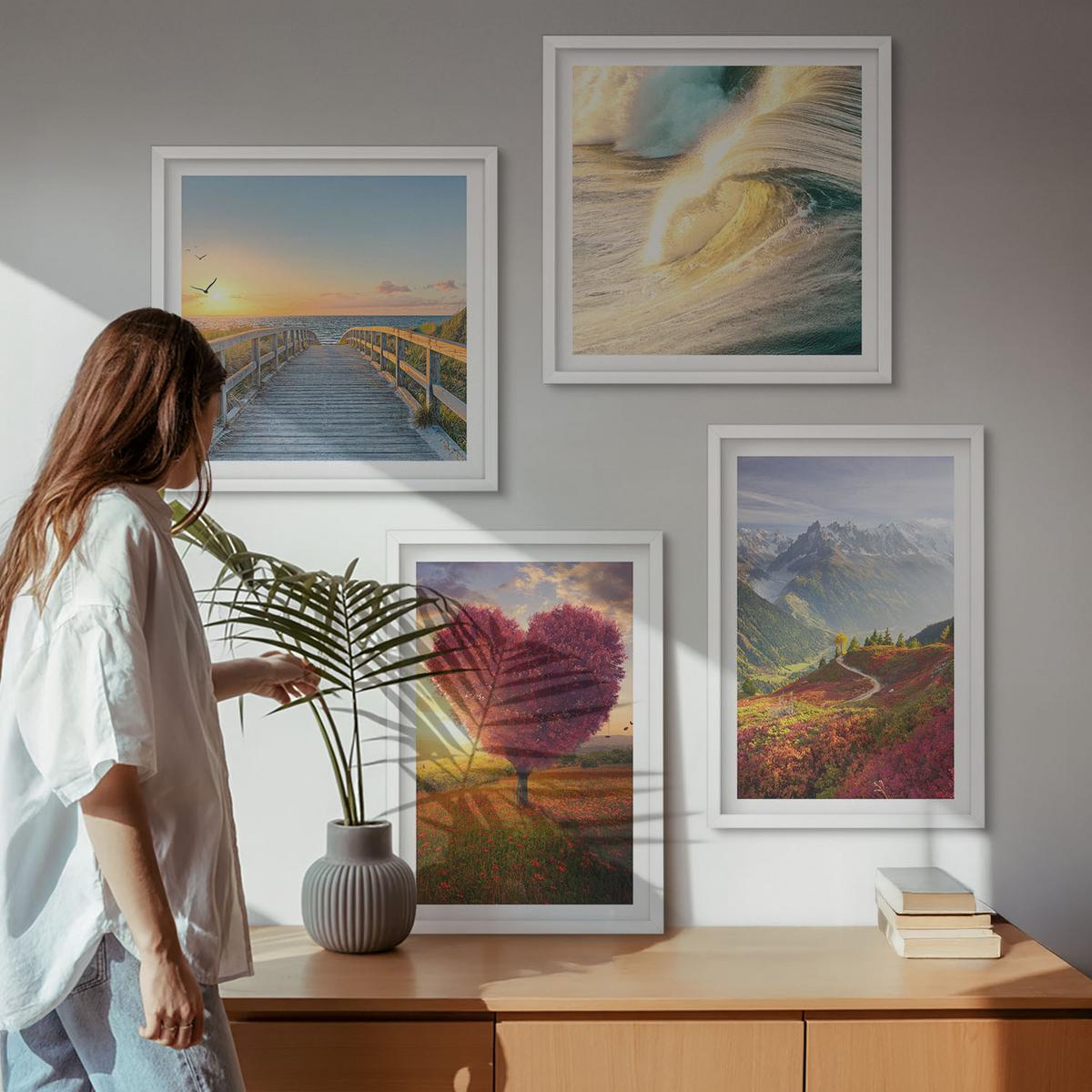 BILDER SET 4er Set - 50x50 cm & 40x60 cm Weißer Rahmen - Landschaften Berge Wellen Baum Herz Pier - Weiß, Kunststoff (50/50cm) - TULUP