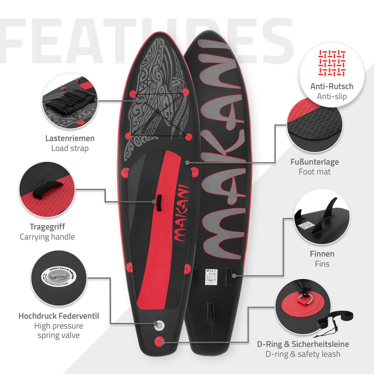STAND UP PADDLE BOARD Makani Schwarz-Rot - Rot, Kunststoff (320/80/15cm) - ECD-Germany