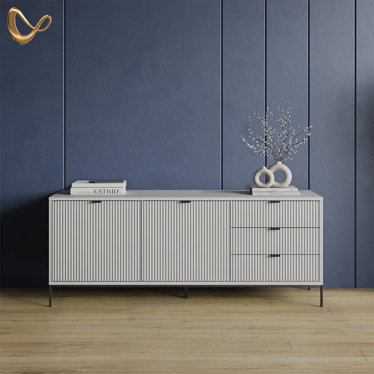 LOWBOARD Aterno Grau 150 x 60 cm mit 3 Schubladen, 2 Türen - Grau, Holzwerkstoff (150/60/42cm) - Livinity®