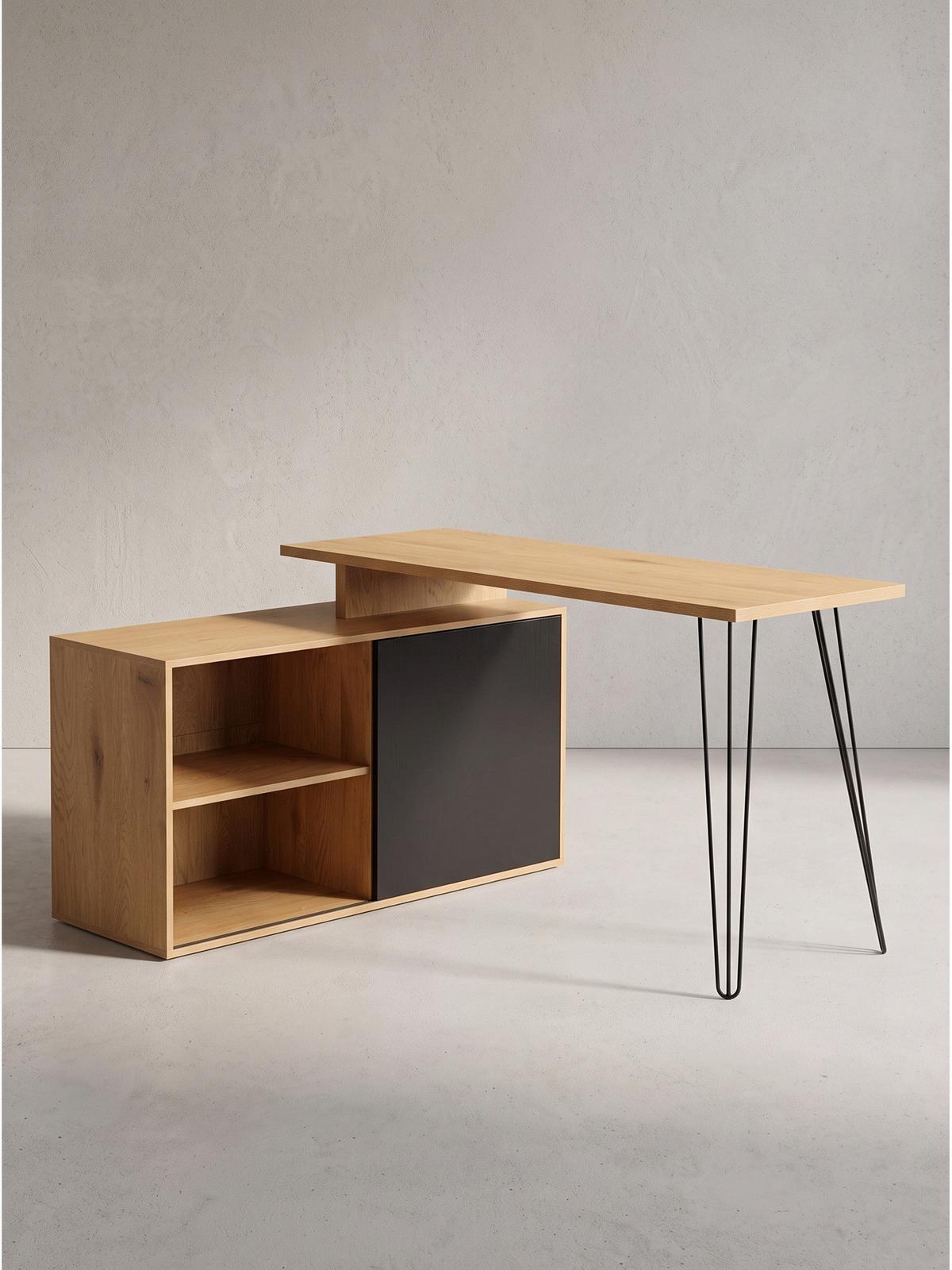 SCHREIBTISCH BRADANO, MDF, mit Ablagen, Eiche-Schwarz, 130 x 110 x 74,5 cm - Schwarz/Braun, Holzwerkstoff/Metall (110/130/74.5cm) - KADIMA DESIGN
