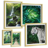 BILDER SET 5er Set - 50x50 cm & 20x30 cm & 40x60 cm Goldrahmen - Dschungel-Weißtiger-Wasserfall - Goldfarben, Kunststoff (40/60cm) - TULUP