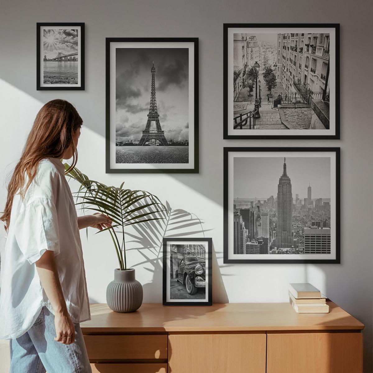 BILDER SET 5er Set - 50x50 cm & 20x30 cm & 40x60 cm Schwarzer Rahmen - Neonlinienwellen im Hintergrund - Schwarz, Kunststoff (40/60cm) - TULUP