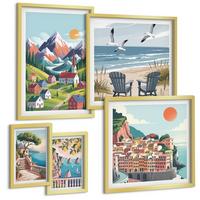 BILDER SET 5er Set - 50x50 cm & 20x30 cm & 40x60 cm Goldrahmen - Pastellfarbene Küstenhäuser - Goldfarben, Kunststoff (40/60cm) - TULUP
