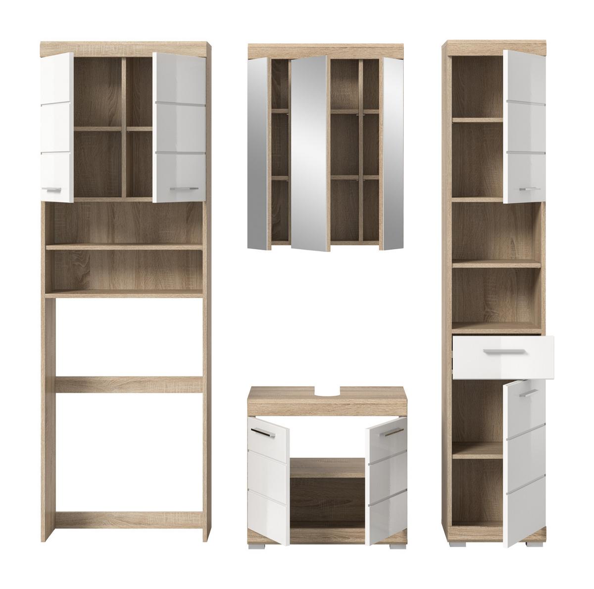 BADMÖBEL-SET weiß Hochglanz, Eiche 4-teilig 190 cm, viel Stauraum - Weiß Hochglanz/Eichefarben, Glas/Holzwerkstoff (190/191/34cm) - Inn.Furn