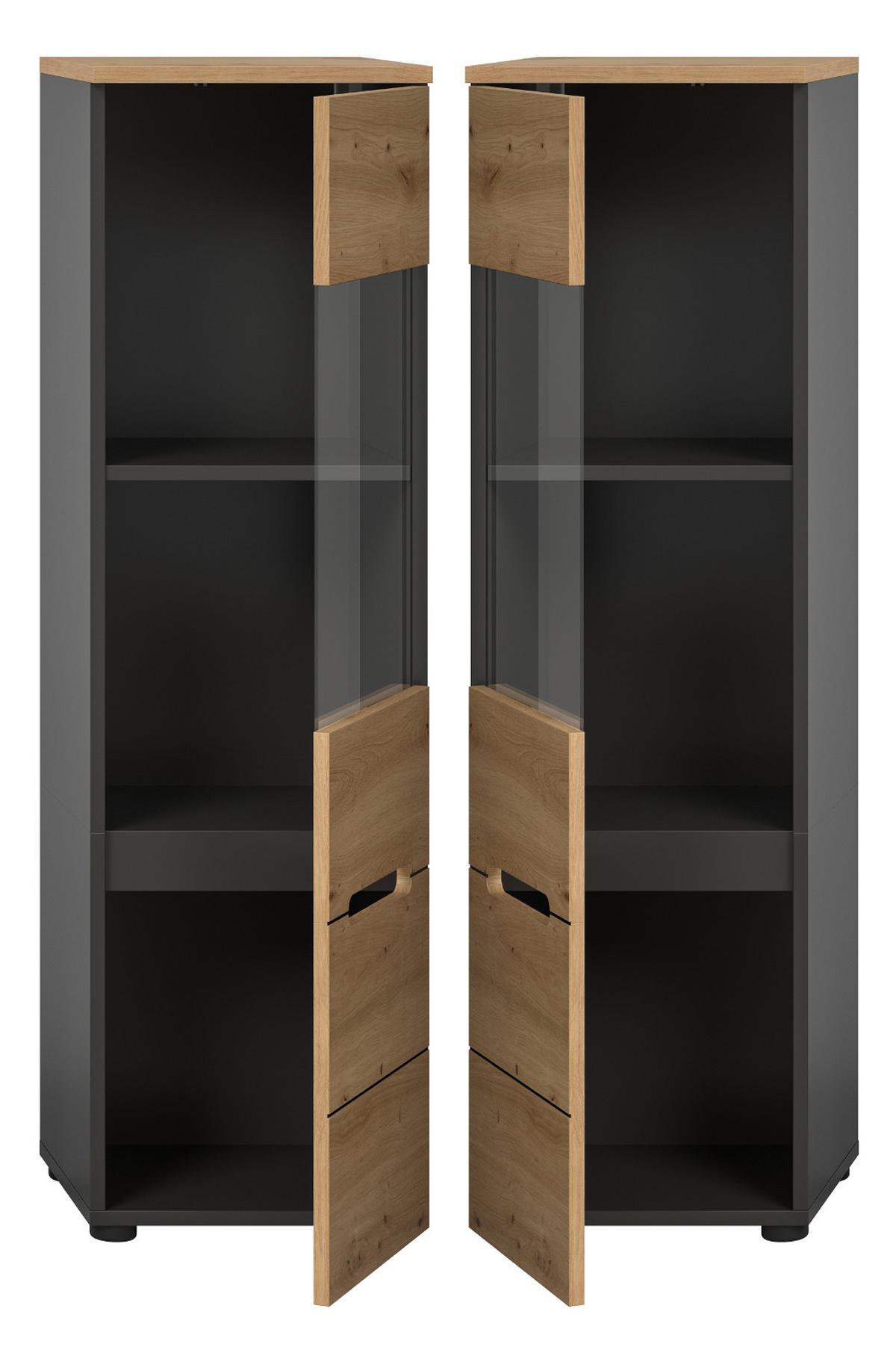 VITRINE Eiche Artisan, grau, Vitrinenschrank hängend / stehend 36 x 125 cm, Soft-Close - Schwarz/Eiche Artisan, Glas/Holzwerkstoff (36/125/33cm) - Inn.Furn
