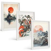 BILDER SET 3er Set - 40x60 cm Weißer Rahmen - Asiatische Japandi-Malereien - Weiß, Kunststoff (40/60cm) - TULUP