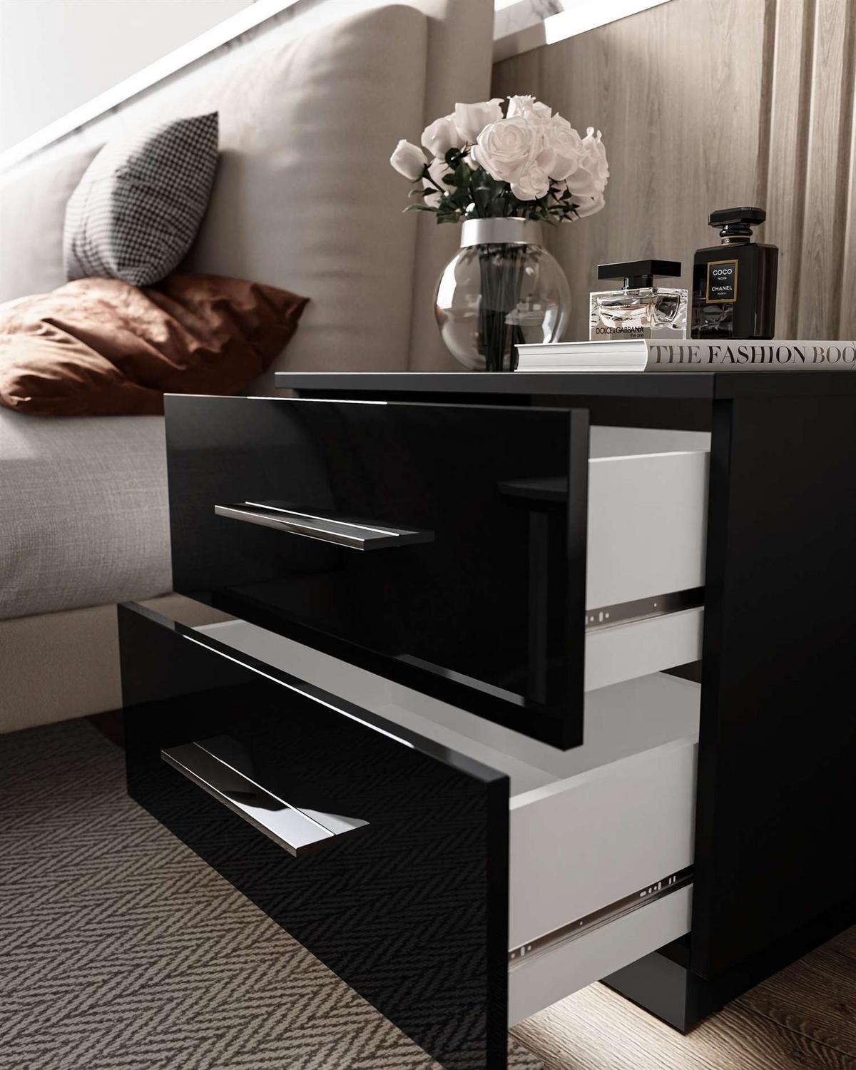 NACHTTISCH LINA mit Chromgriffen, Hochglanz, LED - Schwarz, Holzwerkstoff (55/50/37cm) - Lookway