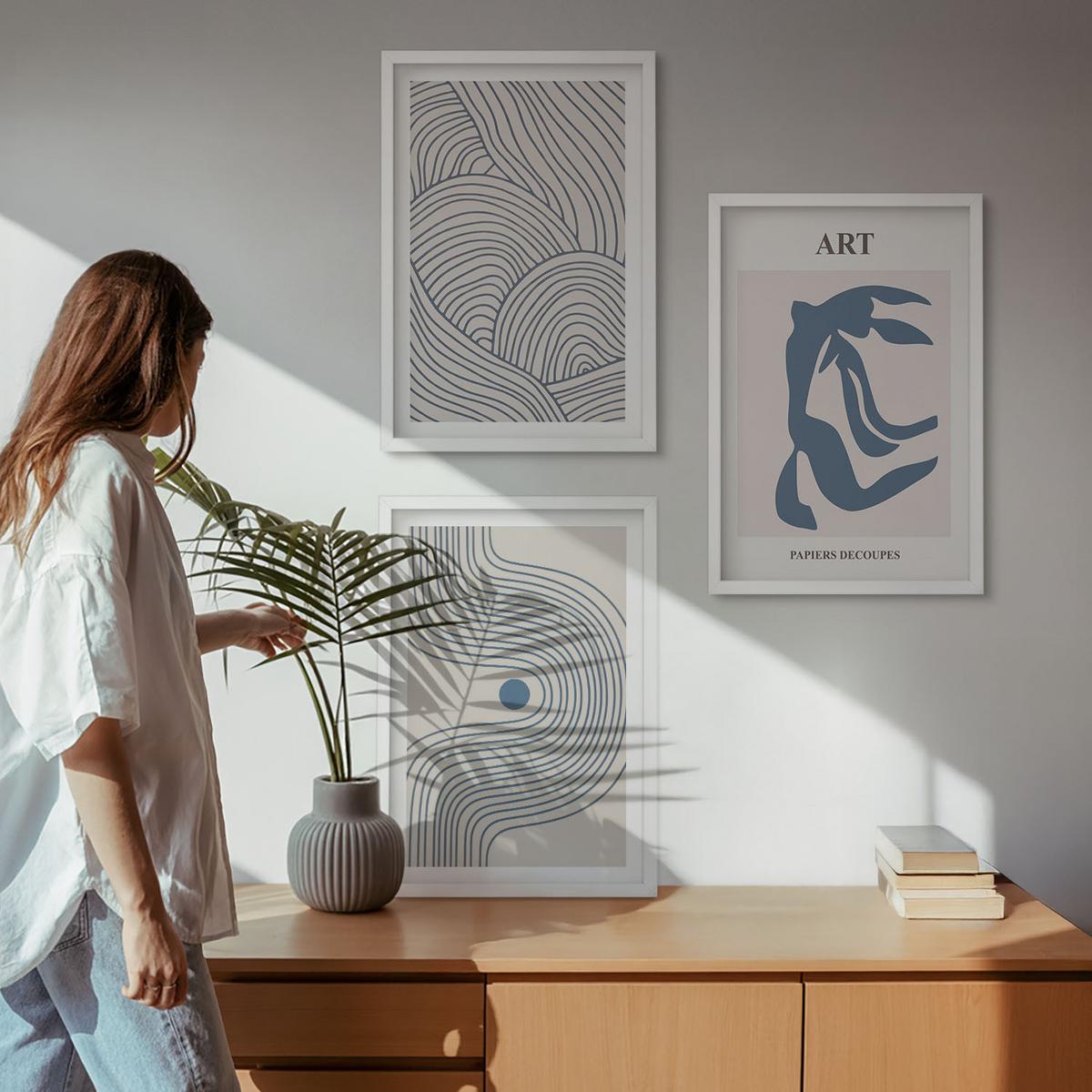 BILDER SET 3er Set - 40x60 cm Weißer Rahmen - Abstrakte blaue Linien - Weiß, Kunststoff (40/60cm) - TULUP