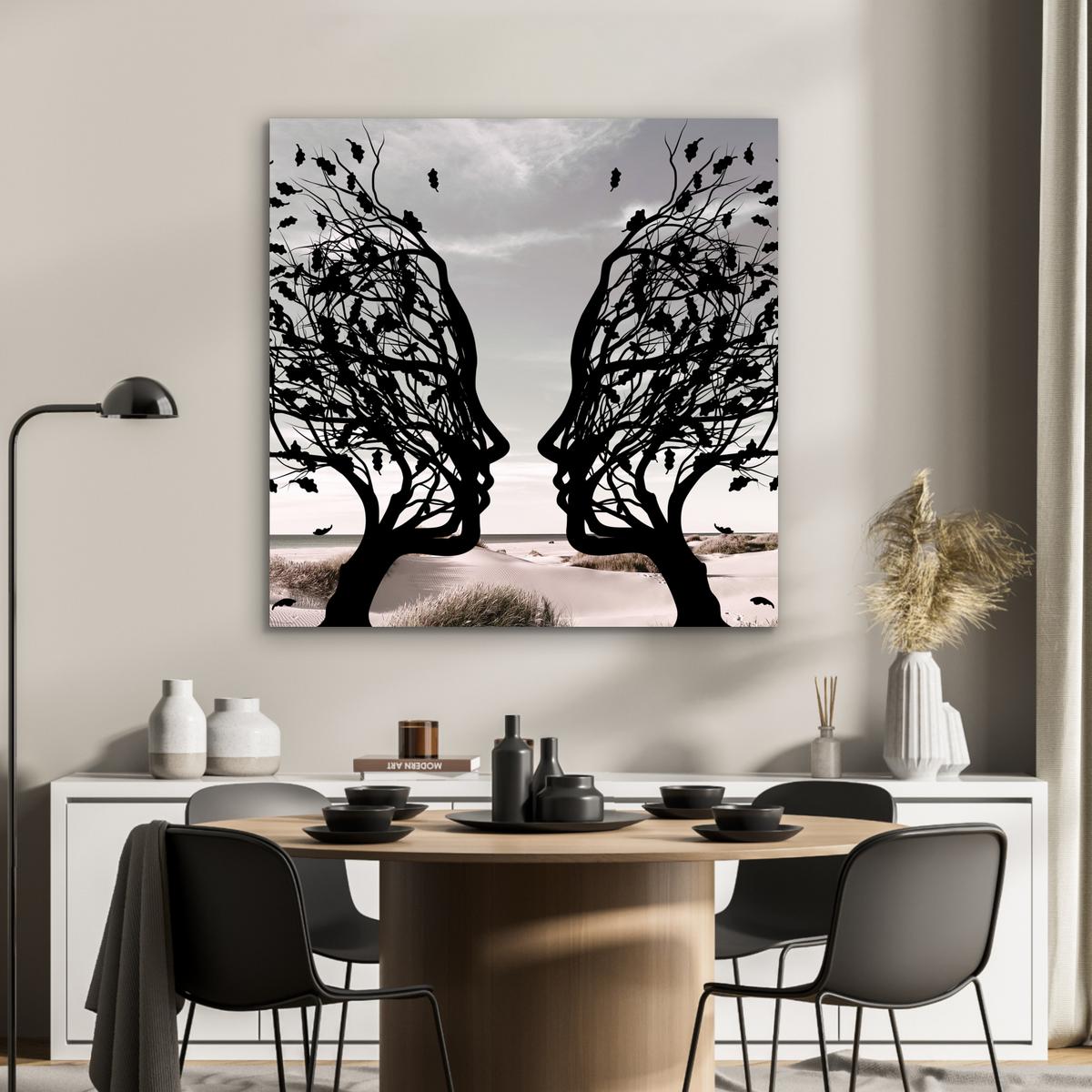 METALLBILD Strand - Meer - Menschen - Baum - Moderne Kunst 90x90 cm - Hellgrau, Metall (90/90cm) - MuchoWow