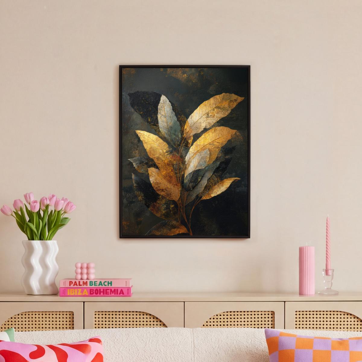 LEINWAND Bilder mit Rahmen - Golden Leaf Komposition - Botanical Luxury - 50x70 - Goldfarben, Textil (50/70cm) - MuchoWow