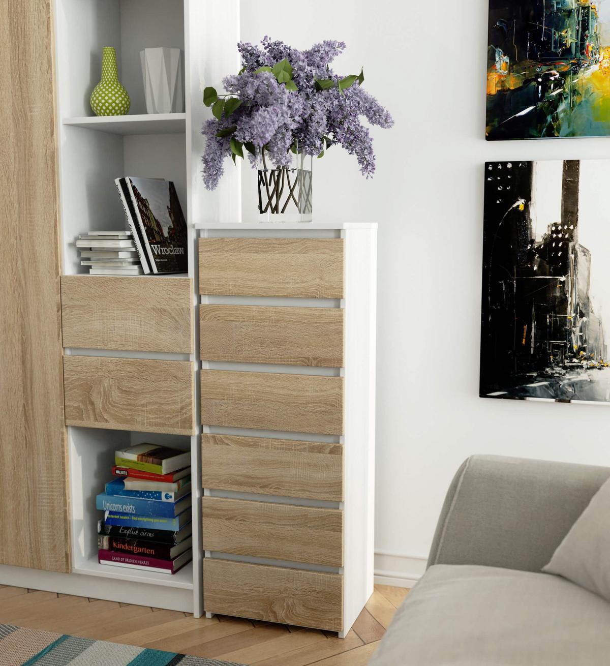 KOMMODE Weiß, Eiche Sonoma 109/40/35 - Weiß, Holzwerkstoff (40/109/35cm) - RAUMHIRSCH FURNITURE