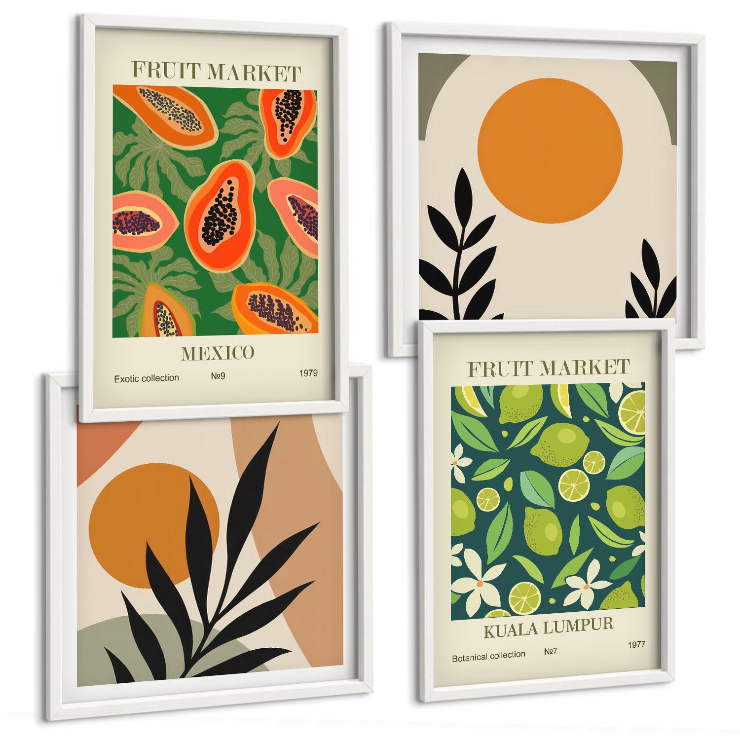BILDER SET 4er Set - 50x50 cm & 40x60 cm Weißer Rahmen - Boho-Papaya-Fruchtmuster - Weiß, Kunststoff (50/50cm) - TULUP