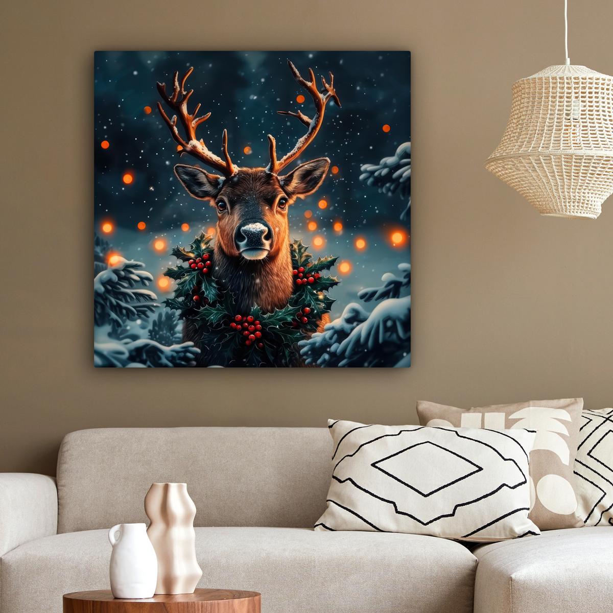 LEINWANDBILD Hirsch - Weihnachten - Winter - Schnee - Weihnachtskranz Deko Groß 90x90 cm - Dunkelbraun, Textil (90/90cm) - MuchoWow