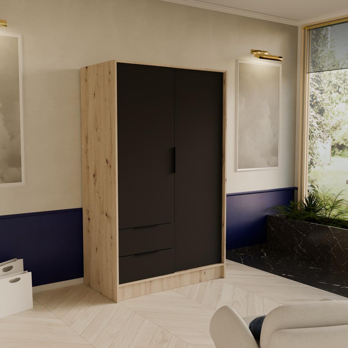 DREHTÜRENSCHRANK CAVA 102/200/51 cm Modern Kleiderschrank 2-türig Eiche Artisan - Schwarz/Eiche Artisan, Holzwerkstoff (102/200/51cm) - MASSENO