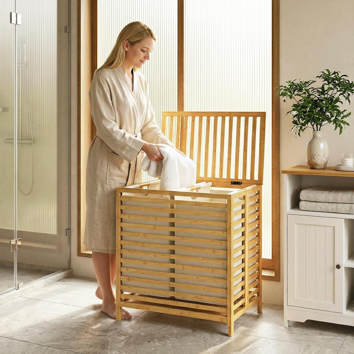 WÄSCHEKORB Bambus Polyester Naturholz Cremeweiß - Naturfarben, Holz/Bambusholz (36/64.2/55cm) - HOMCOM