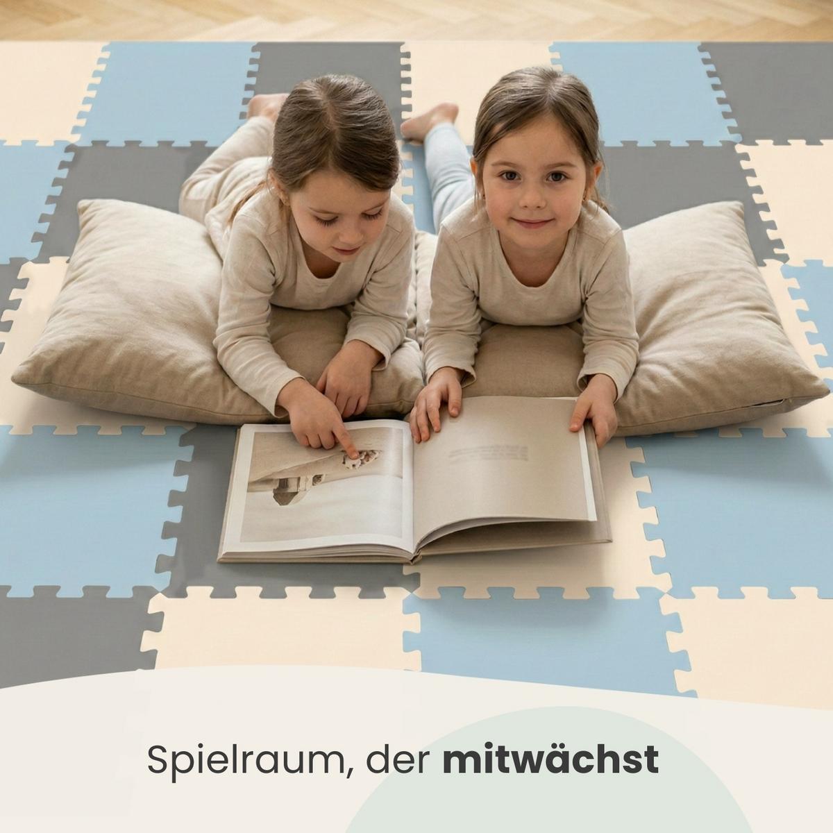 SPIELMATTE mit Rand - 270/90/1 cm Puzzlematte Grau Blau Beige - Grau, Kunststoff (30/30cm) - Littletom