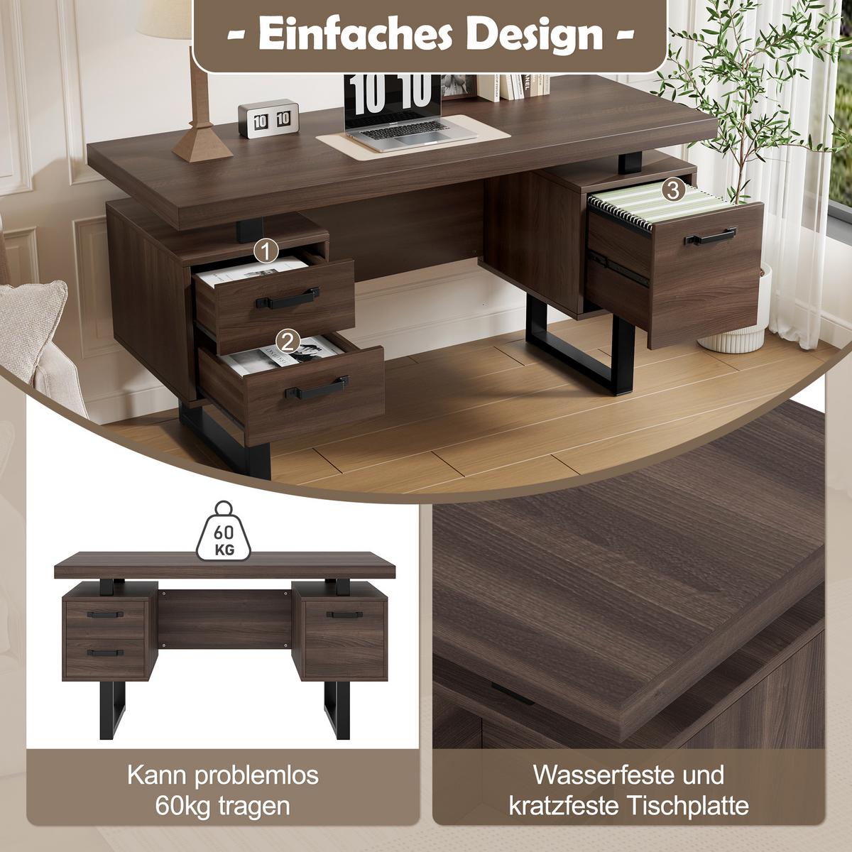 BÜROSCHREIBTISCH braun-schwarz, Stahlgestell, 3 Schubladen - Walnussfarben, Holzwerkstoff (54/135/76cm) - Urban Meuble