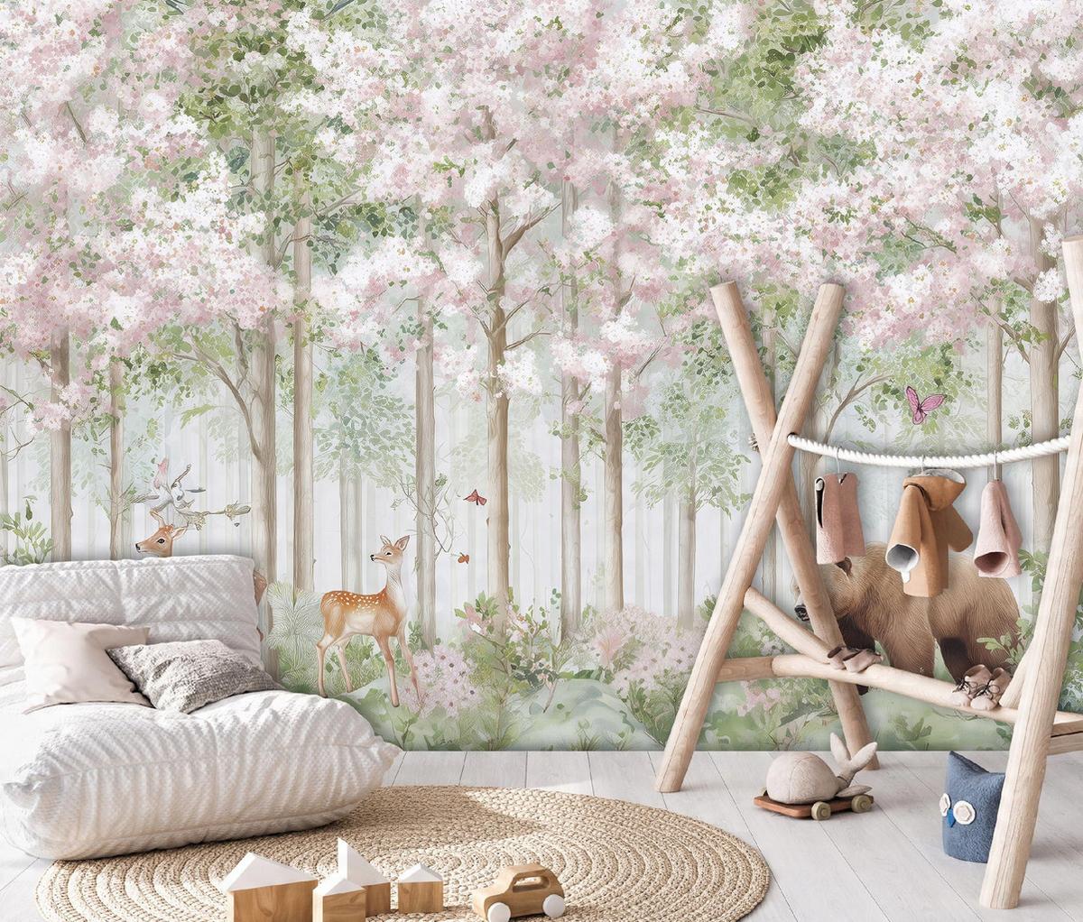 FOTOTAPETE Kinderzimmer Wald Tiere Hirsche 250x175 - Multicolor, Papier (250/175cm) - Wallarena