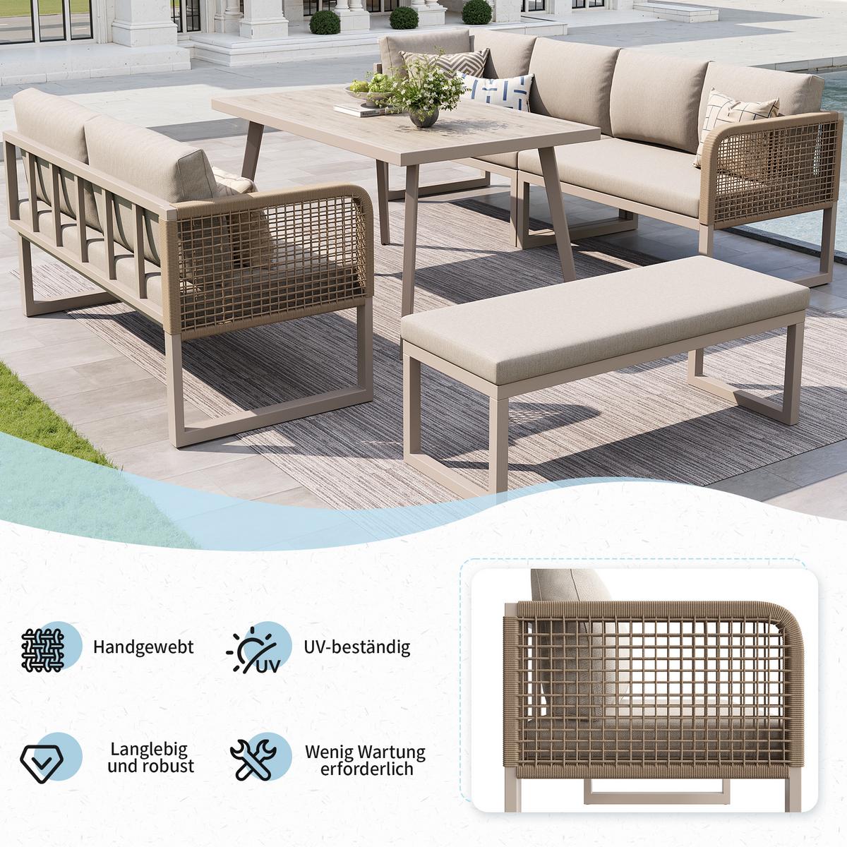 LOUNGEGARNITUR PE-Rattan Beige Ecksofa mit Tisch & Bank - Beige, Metall - Urban Meuble