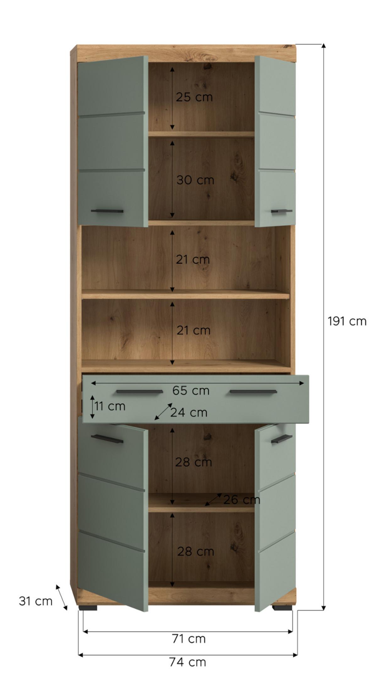 HOCHSCHRANK Salbei grün, Eiche Artisan 74 cm, Badschrank mit 6 Fächern - Salbeigrün/Schwarz, Holzwerkstoff/Kunststoff (74/191/31cm) - Inn.Furn