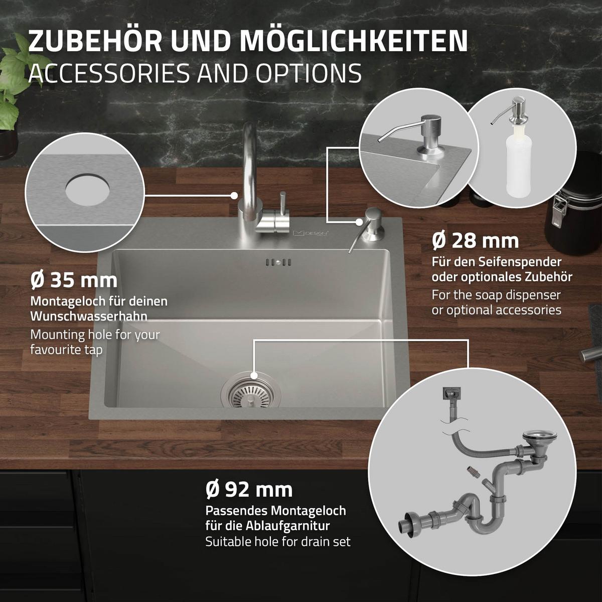 SPÜLBECKEN aus Edelstahl 55x45 cm mit Siphon und Seifenspender - Silberfarben, Metall (45/19/55cm) - ML-DESIGN