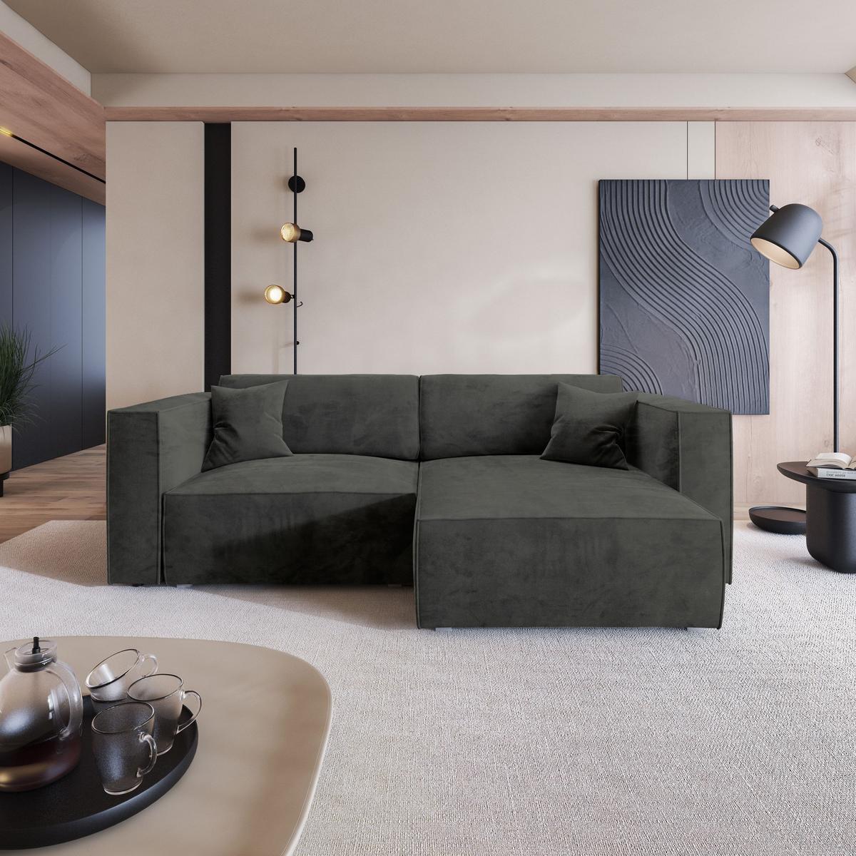 ECKSOFA NERIO M Schwarz Velours-Stoff mit Schlaffunktion - Schwarz/Grau, Holz/Kunststoff (245/148cm) - MASSENO