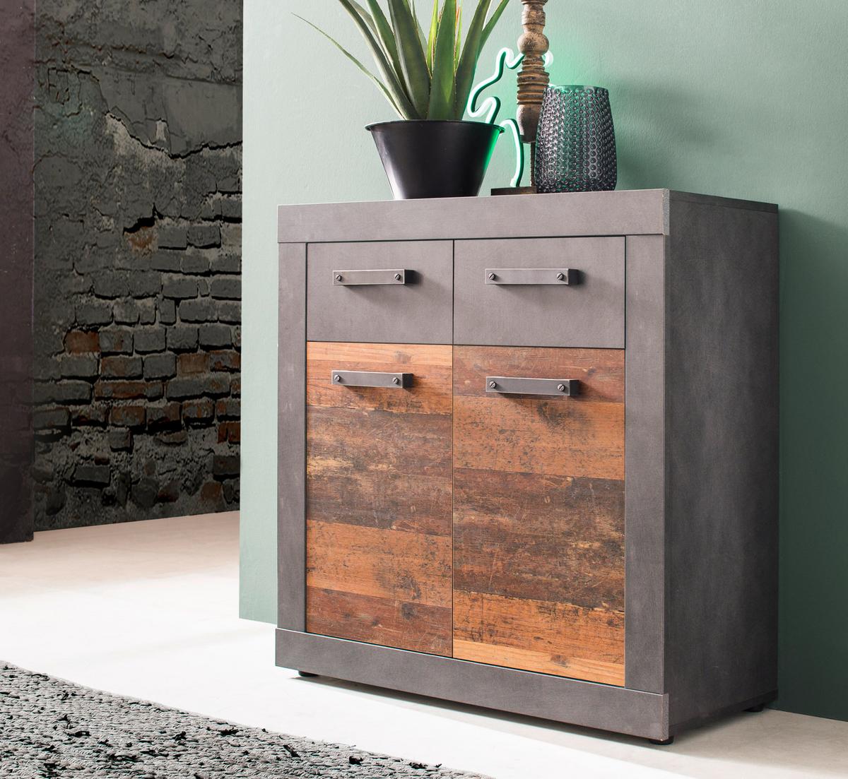 KOMMODE Used Wood Altholz Design mit Grau 82 cm, Anrichte 2-türig - Silberfarben/Schwarz, Holzwerkstoff/Kunststoff (82/86/37cm) - Top.Furn