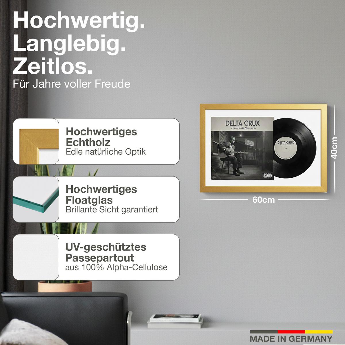SCHALLPLATTEN RAHMEN 40/60 für Cover & Vinyl - Goldfarben, Holz (60/40cm) - K-Möbel